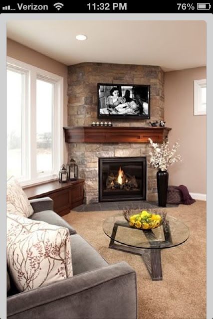 Corner Fireplace Decor, Corner Fireplace Living Room, Corner Fireplaces, Brick Fireplaces, Flat Screen Tv, Interior Remodel, Corner Fireplace, Home Fireplace, Fireplace Makeover