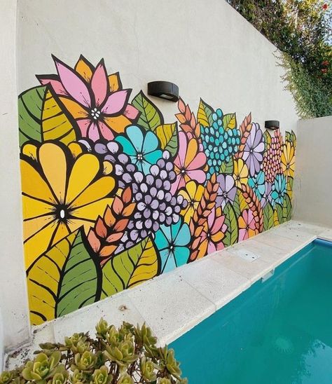 Outdoor Wall Paint, Leo Art, Exterior Murals, Garden Fence Art, Wall Murals Diy, Garden Mural, Wal Art, Flower Mural, School Murals