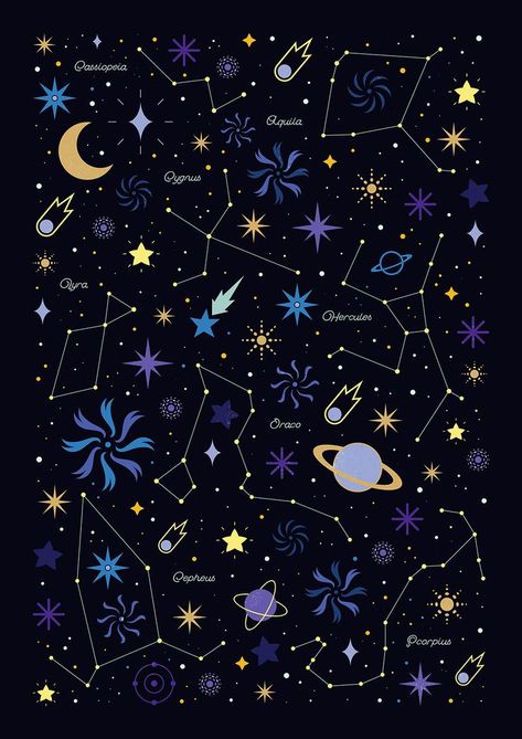 Carly Watts Illustration: Starry Night #space #constellations #stars #galaxy #universe #graphic #illustration Black Paper, Constellations, The Sky, Starry Night, Planets, Universe, Stars, Black, Art