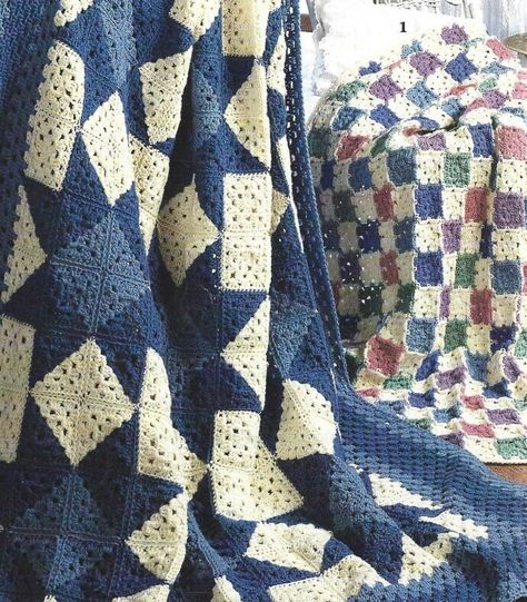 Buy 3 patterns and Get 1 FREE! Add all 4 patterns to your cart and enter Promo Code FREEPATTERN at checkout This download includes 2 different Granny Square Afghan patterns. One is a Star design and the other one is a mini square patchwork design.  Skill Level: Not Mentioned All-Star Granny Afghan: 54" x 68"  Materials: Worsted weight yarn, Crochet hook size H (5 mm), or size needed to obtain to gauge Patchwork Quilt Design Afghan: Approximately 49" X 64.5"  Materials: Worsted weight yarn, Croch Motifs Afghans, Crochet Quilt Pattern, Mini Patchwork, Confection Au Crochet, Crochet Blanket Designs, Crochet Vintage, Crochet Quilt, Afghan Patterns, Crochet Afghans