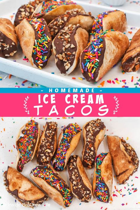 Our Ice Cream Tacos are a delicious and fun treat! These sweet tortillas are filled with creamy ice cream and then topped with a drizzle of melted chocolate and your choice of nuts or sprinkles. With a combination of flavors and a crispy shell, these dessert tacos will take taco Tuesday to a whole new level. Dessert Taco Shells, Ice Cream Tacos, Cream Tacos, Dessert Tacos, Mexican Ice Cream, Tacos At Home, Sweet Taco, Ice Cream Taco, Ice Cream Sauce