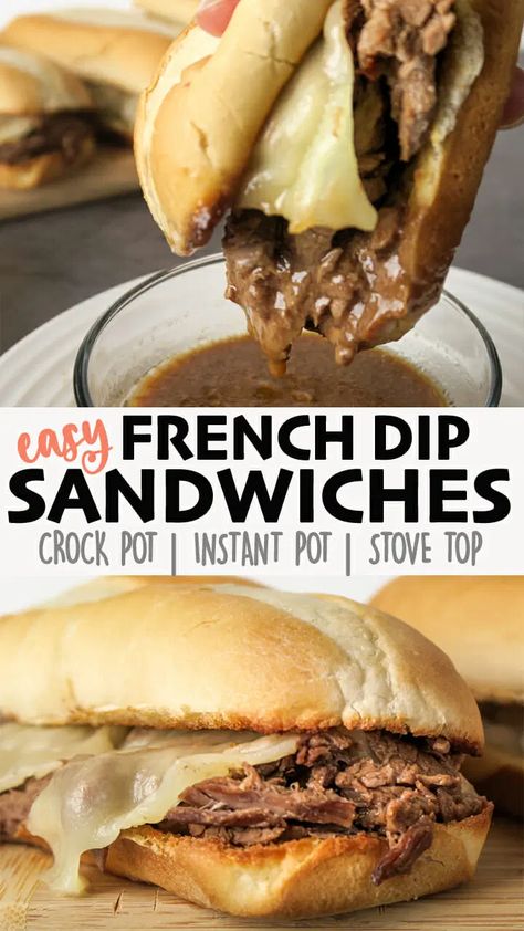 Super EASY French Dip Sandwiches...only 5 ingredients for the beef! Can be made with beef steaks or a roast...I just use whatever is on sale! Crock pot, Instant Pot, and Stove top instructions included. Click for the full recipe and full video! #beef #sandwich #sandwichrecipes #crockpot #instantpot #easyrecipe Easy French Dip Sandwiches, French Dip Sandwich Crockpot, Instant Pot French Dip, French Dip Sandwiches, Dip Sandwiches, Beef Steaks, Au Jus Gravy, French Dip Sandwich, Roast Beef Sandwiches