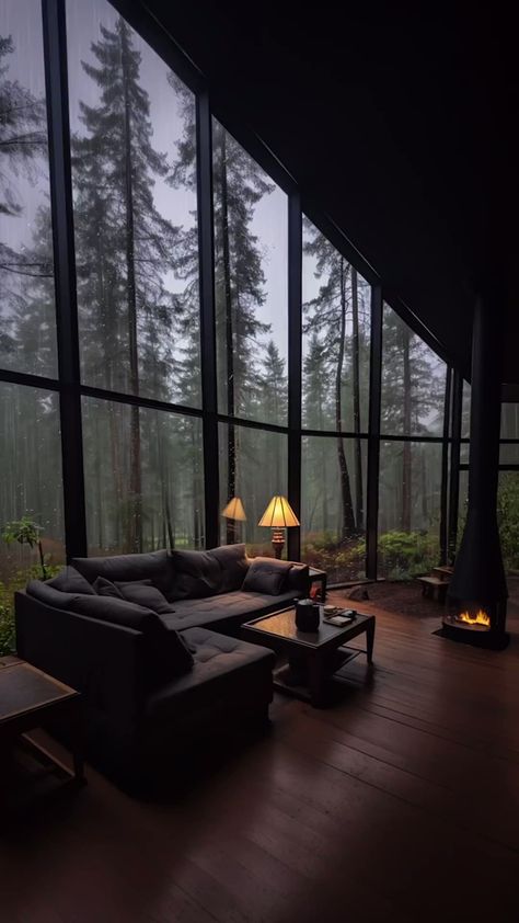 Love The Rain, Spotify Link, Glass Cabin, Rain Sounds For Sleeping, Cabin Aesthetic, Rain Sounds, Modern Cabin, Forest House, Cozy Cabin