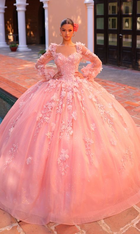 In this ball gown quinceanera dress, you'll be a vision of elegance at your sweet 15 party. With 3-D flowers and embroidered lace shimmering with bead and stone accents, this quince ball gown is beautifully sophisticated. The gentle shimmer of the poofy glitter tulle skirt adds to the charm of this corset quinceanera dress. Detachable sheer bishop sleeves provide a modest and delicate princess vibe. For a luxurious look on your birthday, wear this embroidered lace and glitter quince dress. Birthday Wear, Corset Ball Gowns, Princess Vibe, Quinceanera Pink, Quinceañera Dresses, Pink Quince, Quince Dress, Quince Ideas, Sleek Dress