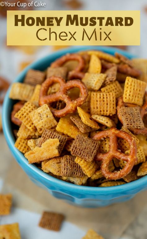 Honey Mustard Chex Mix - Your Cup of Cake Different Chex Mix Recipes, Chex Mix Crock Pot, Cereal Mixes, Salty Chex Mix, Healthy Snack Mix, Chocolate Chex Mix, Chex Recipes, Sweet Chex Mix, Cup Of Cake