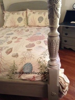 Four Poster Rice Carved Bed Annie Sloan by whitehousebluegarden, $825.00 Rice Carved Four Poster Bed, Painted Rice Poster Bed, 4 Poster Bed Makeover, Poster Bedroom Ideas, Post Beds, Four Poster Bedroom, Rice Bed, Four Post Bed, Four Poster Beds