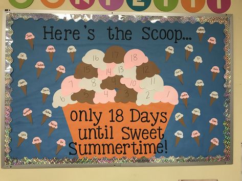 End of the school year bulletin board count down! Ice cream theme 🍦🍦🍦 Quick And Easy Bulletin Board Ideas, Countdown To Summer Classroom Door, Summer Countdown Bulletin Board, School Year Bulletin Boards, Ecse Activities, Cafeteria Decorations, Pto Board, Summer Countdown, Hallway Decorations