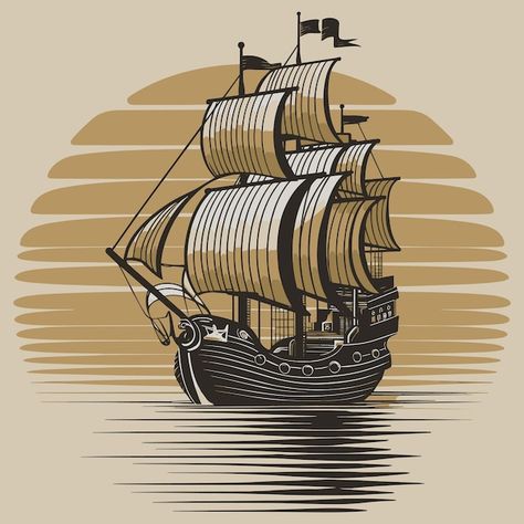 Vector wooden pirate sailing ship vector... | Premium Vector #Freepik #vector Ship Vector, Business Card Maker, Flyer Maker, Poster Maker, Badge Design, Card Banner, Poster Invitation, Cartoon Clip Art, Nature Travel