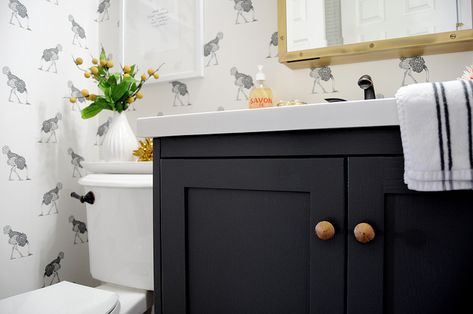 Dark Gray Vanity - Eclectic - bathroom ... Dark Gray Vanity, Ostrich Wallpaper, Room Accessories Diy, Bathroom Dark, Room Wall Tiles, Emily May, Tub Remodel, Framing Art, Ribbed Vase