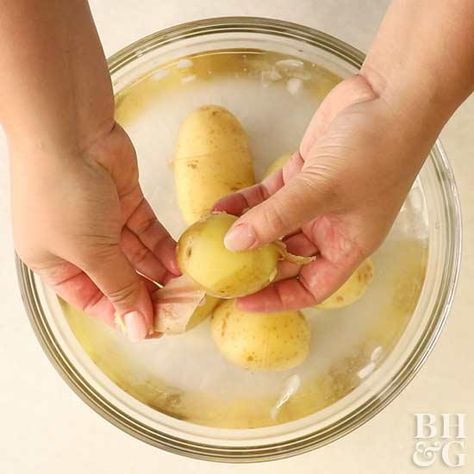 Try this simple prep technique to remove the skin from a pile of potatoes in next to no time. Easy Peel Potatoes, How To Peel Potatoes, Boiling Potatoes With Skin On, Peel Potatoes Easy, Easy Way To Peel Potatoes, Boiled Potatoes With Skin On, Boil Potatoes With Skin On, Peeling Potatoes Easy, Can You Peel Potatoes The Night Before