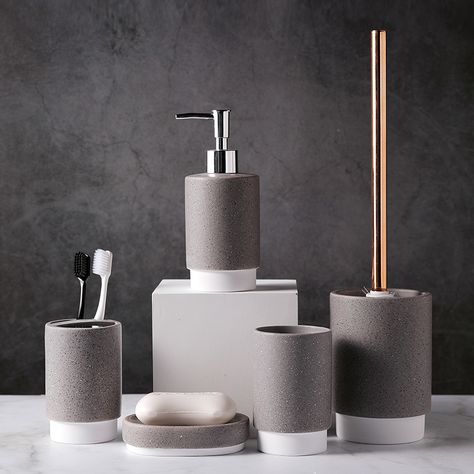 Matte grey and white color glaze ceramic bathroom set Grey Bathroom Accessories Ideas, Grey Modern Bathrooms, Soap Dispenser Design, Concrete Bathroom Sink, Grey And White Bathroom, Dispenser Design, Gray Bathroom Accessories, White Bathroom Accessories, Ceramic Bathroom