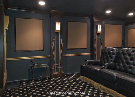 Elegant Home Theater Art Deco Cinema Room, Home Theater Rooms Luxury, Home Theater Design Luxury, Luxurious Home Theater, Home Theatre Room Ideas, Cinema Room Design, Theatre Room Ideas, Maroon Walls, Theater Room Decor