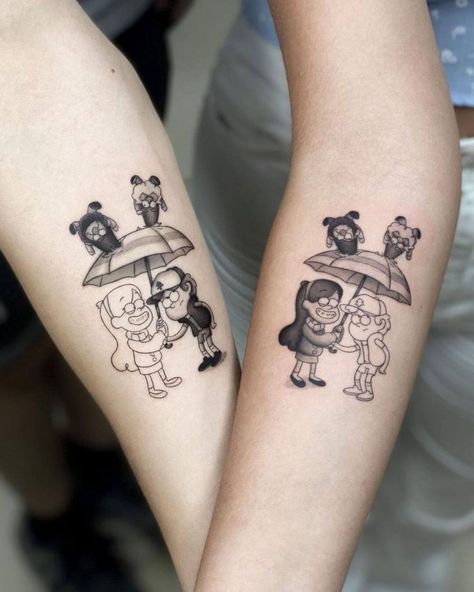 Cartoon Sibling Tattoos, Gravity Falls Sibling Tattoo, Adventure Time Sibling Tattoo, Two People Tattoos, Gravity Falls Matching Tattoos, Dipper And Mabel Tattoo, Evil Twin Tattoo, Gravity Falls Tattoo Ideas, Sibling Tattoos Brother And Sister