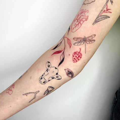 𝕮𝖍𝖊𝖑𝖘 𝖉𝖔𝖗𝖓 on Instagram: “Loving this red and black sticker sleeve on @chloekuiper ❤️ Everything except the heart, tooth, elbow text and Waratah is done by me 🖤…” New Tattoo Styles, Arrow Tattoos For Women, Sticker Sleeve, 2023 Tattoo, Christian Sleeve Tattoo, New Tattoo Designs, Omerta Tattoo, Tattoo Inspiration Men, Famous Tattoos