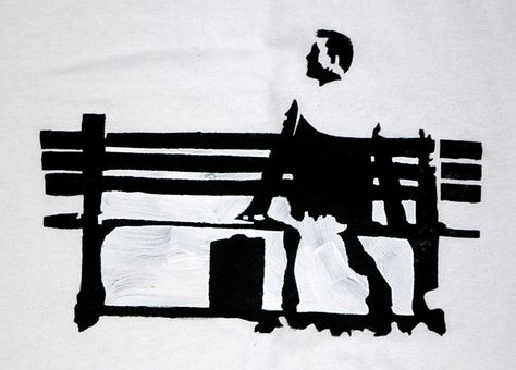 I made this for a friend a couple of weeks ago, but forgot to take a picture. Forrest Gump played by Tom Hanks. Two-layer stencil, with a white layer sneakily used to dodge the island rule. Textile... Simple Tats, Forest Gump, Forrest Gump, Take A Picture, Stencil Art, Tattoo Sleeve, Timeless Art, Silhouette Art, Tom Hanks