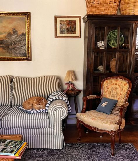 stripes on stripes on stripes 🐈 #stripes #pattern #antiquelover #vintagestyles #englishhome #antiques #antiquehomedecor #vintage #thecuriositycupboard Striped Couch Living Room, Cottagecore Couch, Antique Daybed, Striped Couch, Cozy English Cottage, Striped Sofa, English Home, Couch Living Room, Cute Cottage