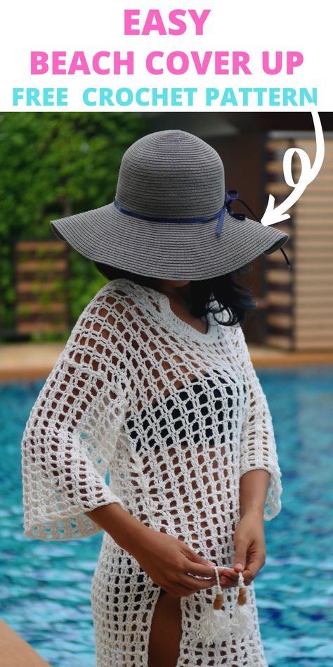 Free Crochet Bathing Suit Cover Up Pattern, Beach Coverup Crochet Pattern Free, Beach Cover Crochet Pattern Free, Knitted Bathing Suit Cover Up, Free Crochet Cover Up Patterns For Women, Knit Summer Cover Up Pattern, Crochet Summer Beach Cover Up, Crochet Cover Up Top Free Pattern, How To Crochet A Beach Cover Up