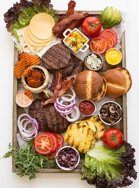 Burger Buffet, Burger Bar Party, Make Your Own Burger, Fruit Kabob, Kid Dinner, Burger Board, Burger Party, Gourmet Burger, Seven Layer Dip