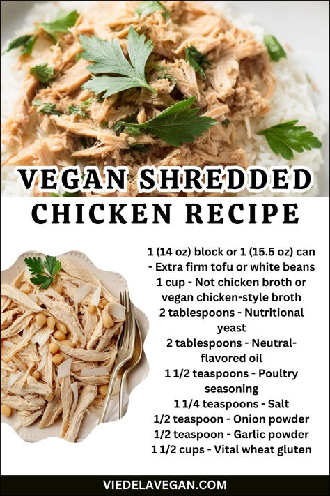 Vegan Shredded Chicken Recipe Vegan Shredded Chicken, Shredded Chicken Recipe, Vegan Meat Recipe, Vegan Meat, Shredded Chicken Recipes, Vital Wheat Gluten, Vegan Salad Recipes, Extra Firm Tofu, Poultry Seasoning