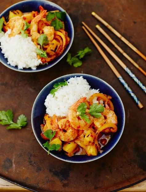 Sweet & Sour Prawns | Seafood Recipes | Jamie Oliver Recipes Caramelised Pineapple, Sweet And Sour Prawns, Spicy Prawns, Prawn Recipes, Jamie Oliver Recipes, Velvet Cupcakes, Sweet And Sour, Jamie Oliver, Shrimp Recipes