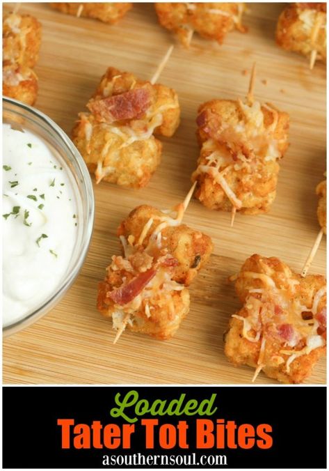 Tater Tots made into loaded little appetizer bites are a great appetizer or snack. Topped with cheese & bacon then dipped into creamy sour cream, they become a savory treat everyone will love. Potatoes Appetizers, Tator Tot Recipe, Tater Tot Appetizers, Loaded Tater Tot, Loaded Tater Tots, Tater Tot Recipes, A Southern Soul, Healthy Superbowl Snacks, Appetizers For Kids