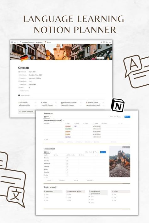 #Language_Notion #Notion_Template_Language #Language_Learning_Notion #Topics_To_Study Notion Template Language, Topics To Study, Language Planner, Study Planner Printable Free, Weekly Planner Printable Templates, Notion Planner, Study Planner Printable, Vocabulary Book, Mom Planner