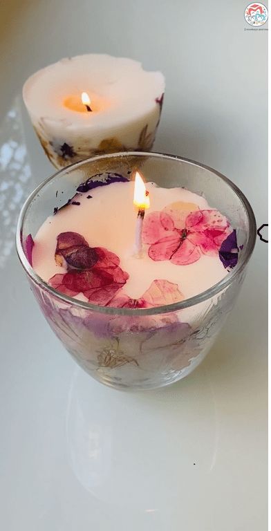 Pressed Flower Candle - 2MonkeysandMe Candle With Dry Flowers, Pressed Flowers Candles, Pressed Flower Candles, Weaning Breastfeeding, Candle Hack, Diy Flag, How Much Sugar, Breastfeeding Foods, Orange Candle