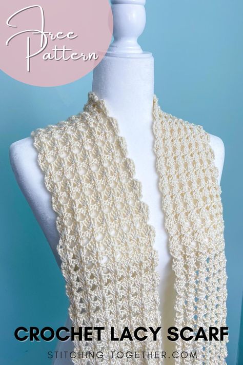 Pretty Crochet Scarf Pattern Free, Crochet Lightweight Scarf, Dainty Crochet Scarf, Crochet Scarf Ends Ideas, Free Crocheted Scarf Patterns, Crochet Spring Scarf Pattern Free, Free Crochet Patterns For Scarfs, Lacy Scarf Crochet Pattern Free, Easy Lace Crochet Stitches