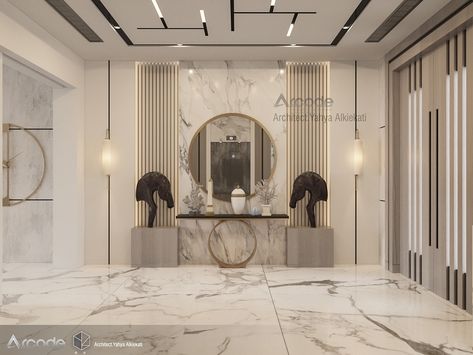 Villa entrance on Behance Modern Entrance Foyer Design Luxury, Modern Entrance Hall Decor, Luxury Console Entrance, Home Lobby Design, Luxury Entrance Design, Entrance Layout, Luxury Foyer Entrance, Foyer Wall Decor, Villa Entrance