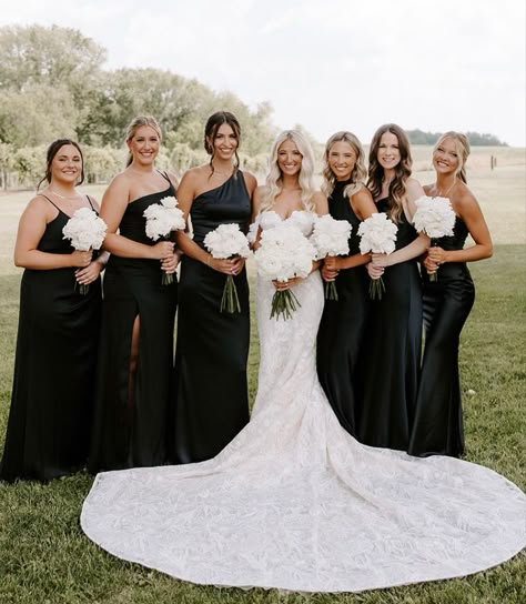 Bride With Black Bridesmaid Dresses, Black Bridesmaid Dresses Classy, Bridal Party Black And White, Classic Wedding Black And White, Satin Black Bridesmaid Dresses, Black Dress Bridal Party, Black Wedding Bridesmaid Dresses, Black White Bridal Party, Black Dress Wedding Party