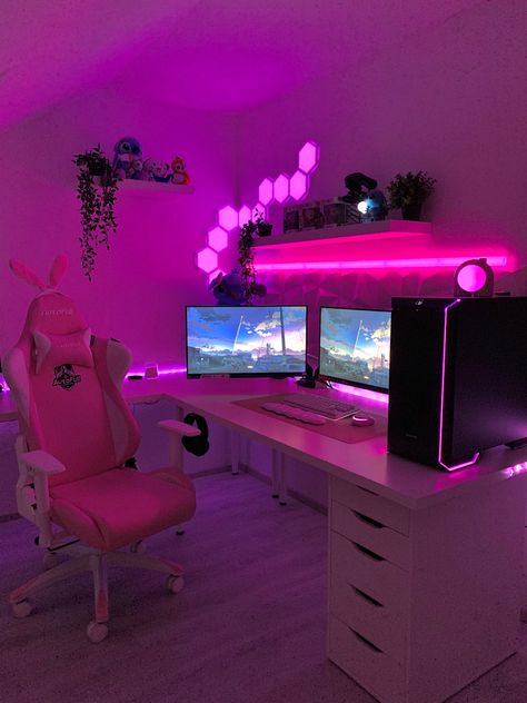 Techno Gamer, Pink Gaming Room, Purple Gaming Room, Ultimate Gaming Setup, Games Room Inspiration, Gaming Bedroom, Tech Room, Gaming Area, Gamer Room Decor