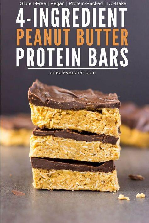 These 4-ingredient peanut butter & oatmeal bars are healthy, no-bake, and protein-packed. These delicious, clean eating Reese flavored protein bars are the perfect post-workout treat. Quick and easy to make, it only takes one bowl and a few minutes of your time to whip those up. Rolled oats are used for the base of this flourless recipe, which is also vegan, dairy-free, gluten-free and... guilt-free! | onecleverchef.com Oatmeal Protein Bars, Dairy Free Protein Bars, Oatmeal Protein, Bars Healthy, Dairy Free Protein, Peanut Butter Oatmeal Bars, Peanut Butter Protein Bars, No Bake Peanut Butter, Healthy Protein Snacks