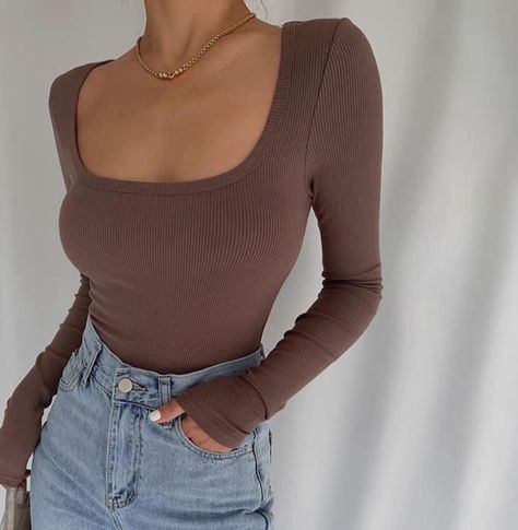 How To Style Brown Top, Brown Long Sleeve Top Outfit, Brown Longsleeves Outfit, Brown Body Suit Outfit, Brown Bodysuit Outfit, Loose Pullover Sweater, Wide Leg Pant Suit, Collar T Shirt, Imagine If