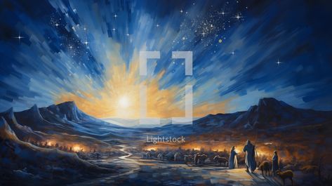 Shepherds in the field at night with the bright light of Bethlehem star. Field At Night, Bethlehem Star, Mountain Summer, Women Church, Star Of Bethlehem, Jesus Bible, Border Pattern, Bethlehem, Bright Lights