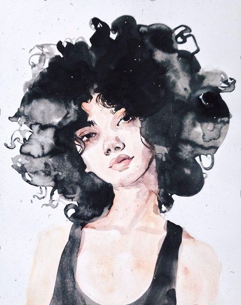 Face Portraits, Watercolor Face, Fashion Illustration Watercolor, Illustration Watercolor, A Drawing, Fashion Illustration, Black Hair, Hair, Black