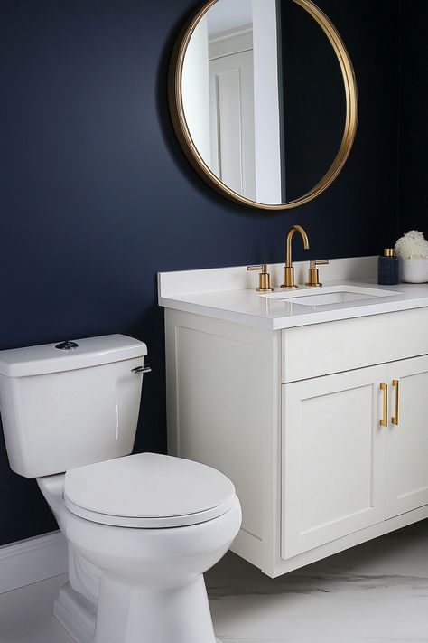 Benjamin Moore Hale Navy Half bathroom Navy Blue Board And Batten Wall Bathroom, Hale Navy Benjamin Moore Bathroom, Hale Navy Powder Room, Navy Half Bathroom, Blue Accent Wall Bathroom, Navy Powder Room Ideas, Hale Navy Bathroom, Navy Shiplap, Bathroom Paint Color Ideas