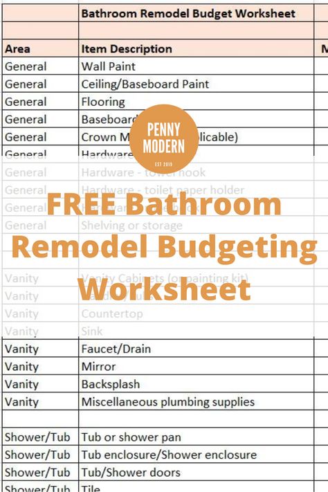 Get a FREE worksheet to help you budget your next bathroom remodel like a pro! Get a list of everything you might need to budget for in your next bathroom remodel. Bathroom Remodel Budget Template, Checklist For Bathroom Remodel, Bathroom Remodel Checklist Free Printable, Bathroom Remodel Checklist, Remodel Budget Worksheet, Bathroom Remodel Budget, Tin Bathroom, Cost Sheet, Bathroom Renovation Cost