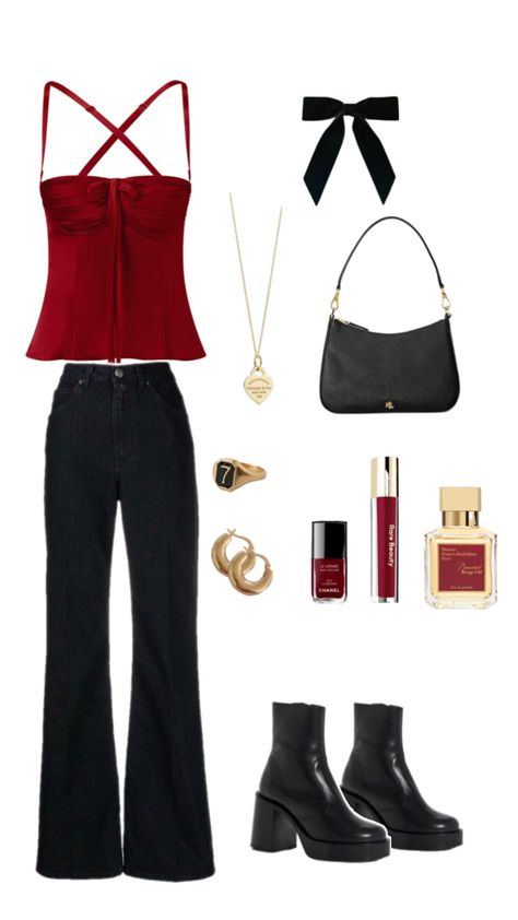 Tenue classe rouge et noir. Gold Outfit Makeup, Black Jeans Red Top Outfit, Jeans Red Top Outfit, Red Black Aesthetic, Red Top Outfit, Aesthetic Gold, Gold Outfit, Red Top, Black Aesthetic