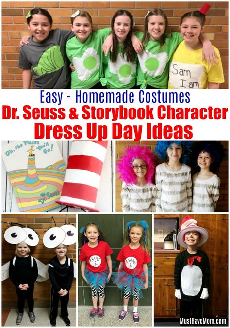 Dr Seuss Costumes and Storybook character costumes for kids. Dr Seuss dress up week ideas! via @musthavemom Dr Suess Character Costumes, Easy Dr Suess Costumes, Dress Like A Character, Dress Up Like Dr Seuss Character, Dr Seuss School Costumes, Seuss Character Costumes Diy, Dr Suess Diy Costumes, Dr Suess Outfits For Teachers, Read Across America Ideas For School Dress Up