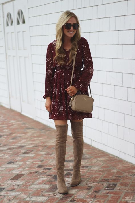 DRESS: Rue21 (less than $25) // BOOTS: Kaitlyn Pan (under $100 EXACT dupes of the Stuart Weitzman boots- wearing “taupe”) // SUNGLASSES: Karen Walker // BAG: GiGi New York // RING: BP. (only $12) If you’ve been window shopping lately or browsing the internet, you may have noticed one color overpowering the others: burgundy. The gorgeous hue (seen on … Flat Over The Knee Boot Outfit, Over The Knee Boot Outfit, Dressy Flats, Walker Bag, Studded Shoes, Stuart Weitzman Boots, Flat Heel Boots, Otk Boots, Ankle Strap Flats