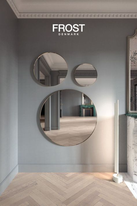 Mirrors On Wall Living Room, Multiple Mirrors On Wall, Mirror Backlight, Mirrors On Wall, Danish Design Interior, Mirror For Hallway, Circle Mirrors, Frosted Mirror, Multiple Mirrors