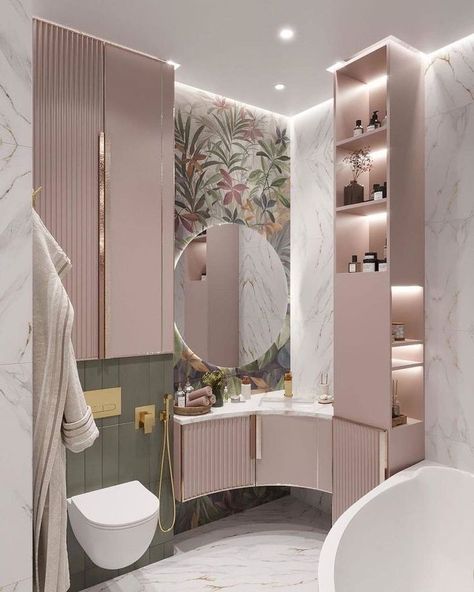 Pink And White Marble Bathroom, Pink Bathroom Aesthetic Modern, Ensuite Bathroom Ideas Pink, Pink Snd Gold Bathroom, Bathroom Pink Marble, Small Rental Bathroom, Rental Bathroom Makeover, Bathroom Design Styles, Interior Design Your Home