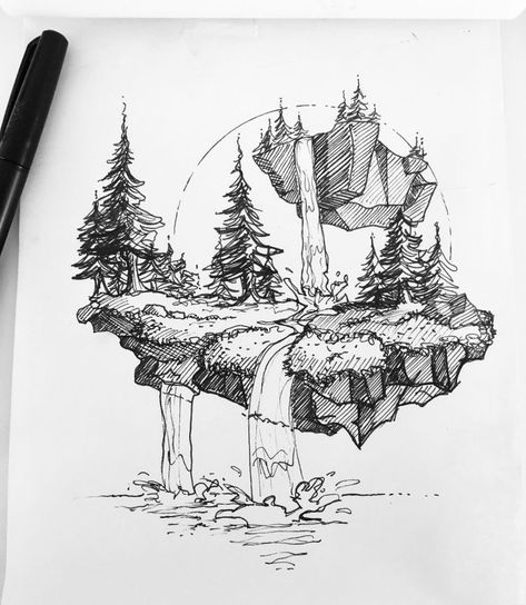 Waterfall Drawing, Draw Trees, Stylo Art, Drawing Ideas Creative, Landscape Pencil Drawings, Art Du Croquis, Arte Doodle, Nature Sketch, 그림 낙서