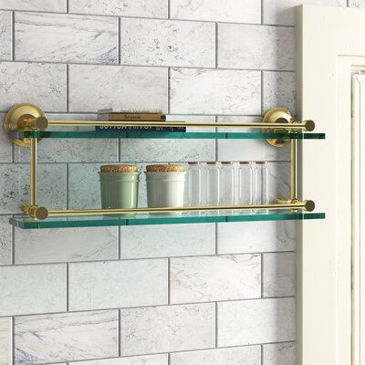 Glass Organization, Mil Suite, Brass Shelving, Second Bathroom, Utah House, Glass Bathroom Shelves, Gallery Rail, Glass Wall Shelves, Tiered Shelf