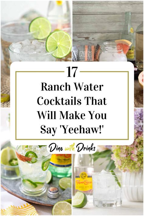 Collage of 4 ranch water cocktails. Ranch Water Variations, Flavored Ranch Water, Cowgirl Cocktail Recipe, Spicy Ranch Water Cocktail, Farm Themed Cocktails, Country Themed Drinks, Mexican Appies, Ranch Water Cocktail Recipe, Western Drinks