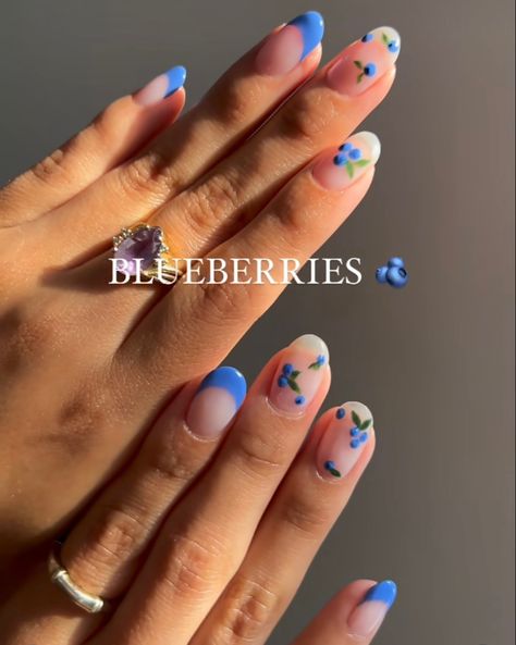 Short Gel Nails Fruit, Blueberry Nails Design, Blueberry French Nails, Fun Bridesmaid Nails, Blueberry Gel Nails, Nails With Blueberries, Blueberry French Tip Nails, Blueberry Nails Acrylic, Fruity Summer Nails