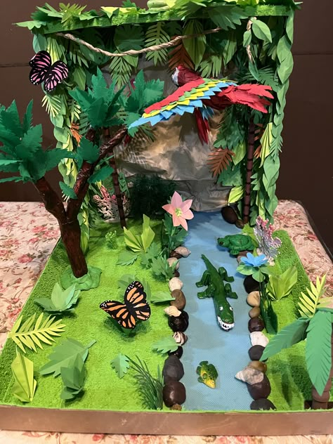 Rain Forest Habitat Project For Kids, Rainforest Shoebox Project, Tropical Rainforest Biome Project, Wetland Diorama, Diorama Rainforest, Rainforest Model, Rainforest Crafts, Biomes Project, Rainforest Project