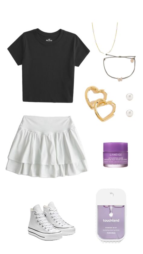 Baby tee- Hollister, Skirt- Hollister, necklace- Evry jewels, Earrings- Francescas, Bracelet - Pura Vida, shoes- Converse Athletic Skirt Outfit, Hollister Skirt, Evry Jewels, Athletic Skirt, Shoes Converse, Simple Trendy Outfits, Skirt Outfit, Cute Fits, Baby Tee