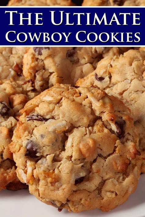 A plate of everything but the kitchen sink cookies. Overlaid text says ultimate cowboy cookies. Cowboy Cookies Recipe, Cowboy Cookie, Cowboy Cookie Recipe, Triple Chocolate Chip Cookies, Cookie Dough Filling, Cowboy Cookies, Peanut Butter Cookie Dough, Frozen Cookies, Filled Cookies