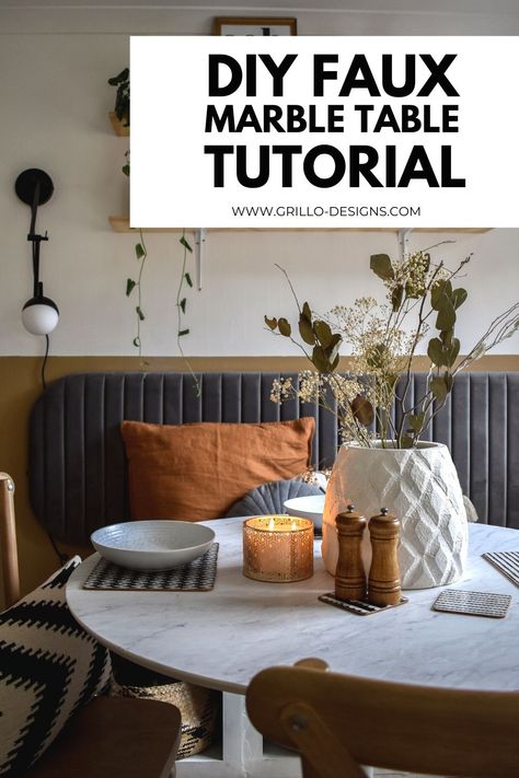 A step by step tutorial on how to create a DIY marble table. This is the perfect project to try if you're looking for an inexpensive way to achieve the timeless chic look that is the marble effect. Diy Marble Table Top, Self Adhesive Wallpaper On Furniture, Diy Marble Dining Table, Table Renovation, Burnt House, Diy Faux Marble, Wallpaper Table, Diy Marble Table, Simple Dining Table